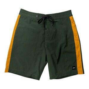 Banks Journal Mens Forest Green Yellow Stripe Board Shorts Swim Trunks Size 28